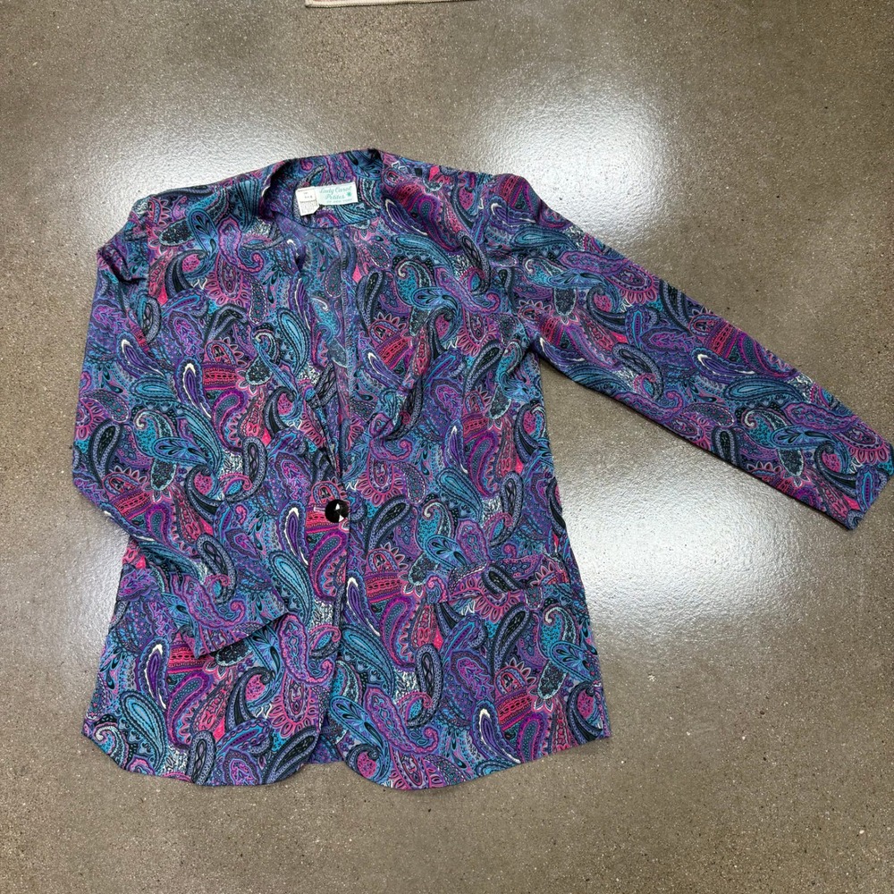 Lady Carol Petites Vintage Paisley Blazer Purple Teal Pink Single Button Size 8
